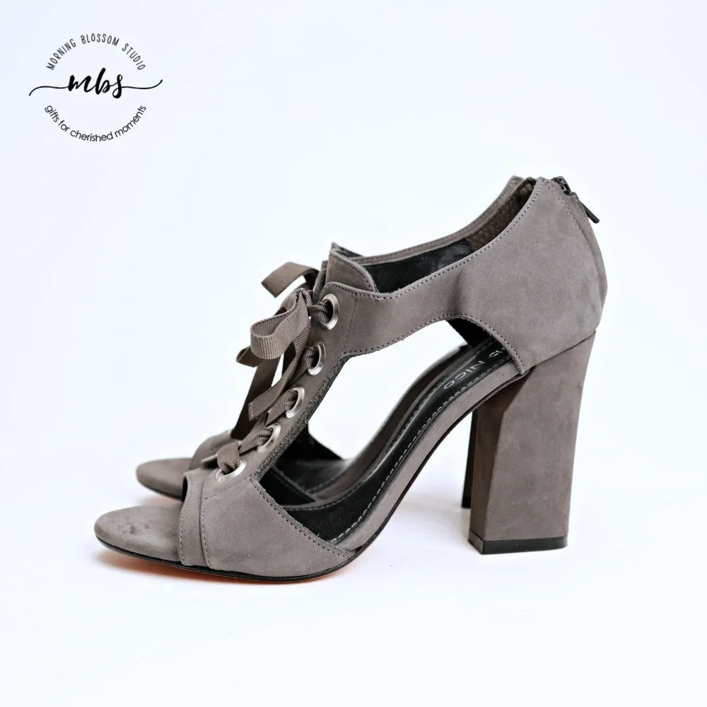 Klub Nico Tinka‎ Open Casual Chic Suede Block Lace-Up Heeled Sandals Grey 7